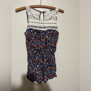 Xhilaration Floral Lace Trim Jumpsuit - Navy and Cream